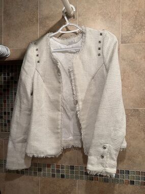 Women’s Cream Fringe Collarless Tweed Jacket with Stud Detail